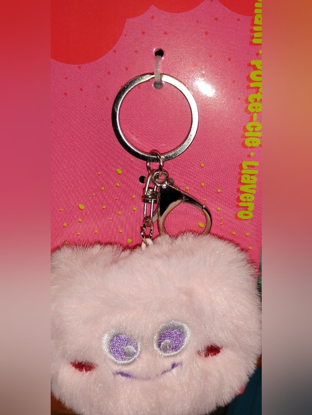 Plush Pink Heart-Face Key Chain & Card Holder with Silver Hardware